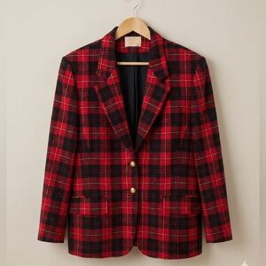Vintage Pendleton 100% Wool Red Black Plaid Holiday Blazer Women's Size‎ 14